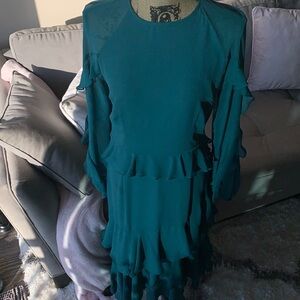 Beautiful teal ruffled A-line dress.
